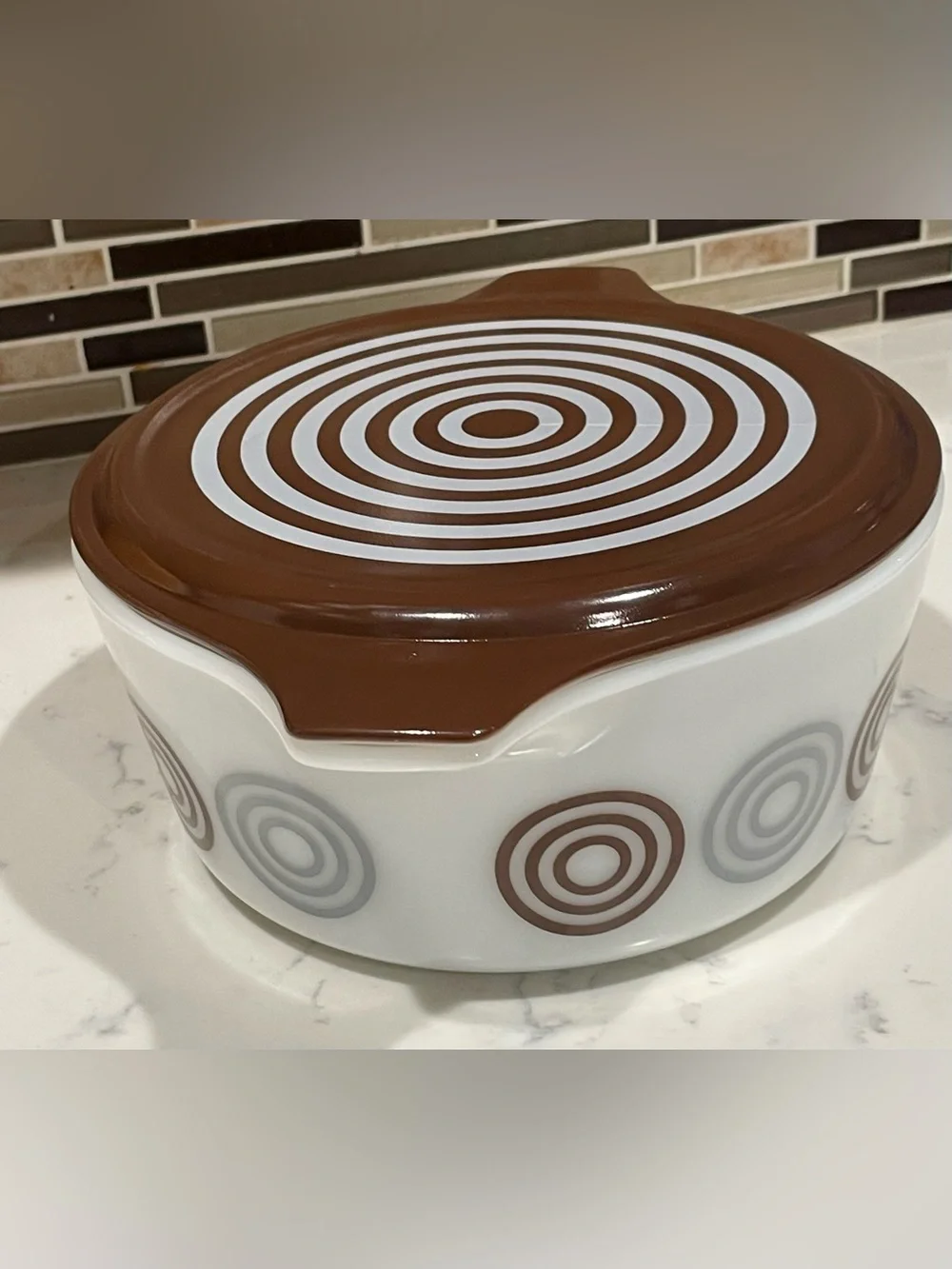 Vintage Salton Cosmopo Pyrex Casserole Dish with Lid Brown Swirl Pattern